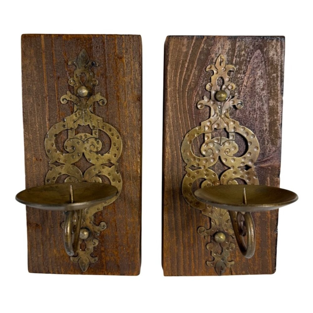 Rustic Wooden Brass Candle Holder Wall Mounted Pair Sconce Cabin Gothic VTG Art